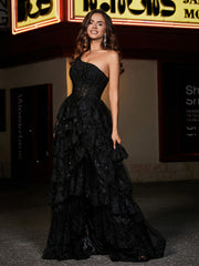 A-line One Shoulder Sweep Train Tulle Prom Dresses Black Plus Size