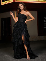 A-line One Shoulder Sweep Train Tulle Prom Dresses Black Plus Size