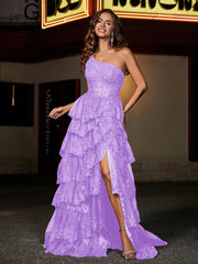A-line One Shoulder Sweep Train Tulle Prom Dresses Lilac Plus Size