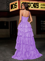 A-line One Shoulder Sweep Train Tulle Prom Dresses Lilac