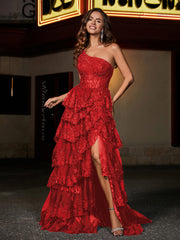 A-line One Shoulder Sweep Train Tulle Prom Dresses Red Plus Size
