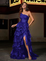 A-line One Shoulder Sweep Train Tulle Prom Dresses Royal Blue Plus Size