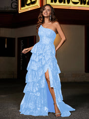 A-line One Shoulder Sweep Train Tulle Prom Dresses Sky Blue Plus Size