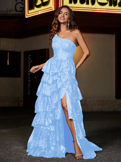 A-line One Shoulder Sweep Train Tulle Prom Dresses Sky Blue
