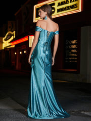 Off-the-shoulder Mermaid Sweep Train Satin Prom Dresses Jade Plus Size
