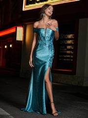 Off-the-shoulder Mermaid Sweep Train Satin Prom Dresses Jade Plus Size