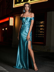 Off-the-shoulder Mermaid Sweep Train Satin Prom Dresses Jade Plus Size