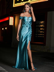 Off-the-shoulder Mermaid Sweep Train Satin Prom Dresses Jade Plus Size
