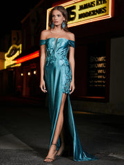 Off-the-shoulder Mermaid Sweep Train Satin Prom Dresses Jade Plus Size