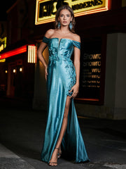 Off-the-shoulder Mermaid Sweep Train Satin Prom Dresses Jade Plus Size