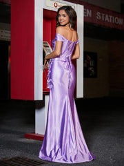 Off-the-shoulder Mermaid Sweep Train Satin Prom Dresses Lilac