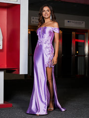 Off-the-shoulder Mermaid Sweep Train Satin Prom Dresses Lilac
