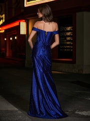 Off-the-shoulder Mermaid Sweep Train Satin Prom Dresses Navy Blue Plus Size