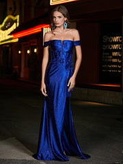 Off-the-shoulder Mermaid Sweep Train Satin Prom Dresses Navy Blue Plus Size