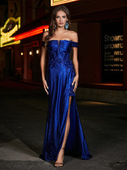 Off-the-shoulder Mermaid Sweep Train Satin Prom Dresses Navy Blue Plus Size