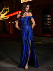 Off-the-shoulder Mermaid Sweep Train Satin Prom Dresses Navy Blue