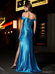 Off-the-shoulder Mermaid Sweep Train Satin Prom Dresses Ocean Blue Plus Size