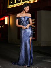 Off-the-shoulder Mermaid Sweep Train Satin Prom Dresses Stormy Plus Size