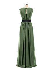 FAUX-WRAP CHIFFON DRESS WITH Olive Green Sash Olive Green