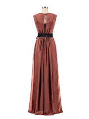 FAUX-WRAP CHIFFON DRESS WITH Terracotta Sash Terracotta