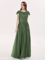 Cap Sleeves Long Dresses with Lace Bodice Olive Green