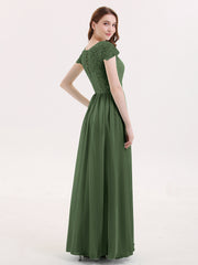 Cap Sleeves Long Dresses with Lace Bodice Olive Green