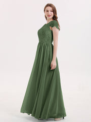 Cap Sleeves Long Dresses with Lace Bodice Olive Green