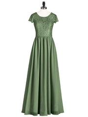 Cap Sleeves Long Dresses with Lace Bodice Olive Green