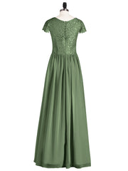 Cap Sleeves Long Dresses with Lace Bodice Olive Green