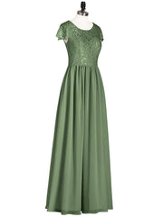 Cap Sleeves Long Dresses with Lace Bodice Olive Green