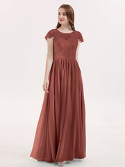 Cap Sleeves Long Dresses with Lace Bodice Terracotta