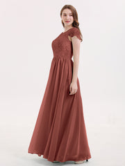 Cap Sleeves Long Dresses with Lace Bodice Terracotta