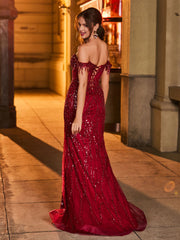 Off-the-shoulder Mermaid Dress with Slit Burgundy