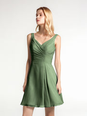 Short Chiffon V Neckline Bridesmaid Gowns Olive Green