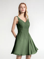 Short Chiffon V Neckline Bridesmaid Gowns Olive Green