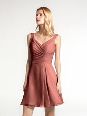 Short Chiffon V Neckline Bridesmaid Gowns Terracotta