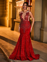 Elegant Rhinestone-Embellished Illusion Mermaid Evening Dress Burgundy