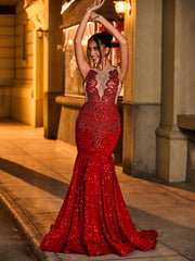 Elegant Rhinestone-Embellished Illusion Mermaid Evening Dress Burgundy