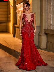 Elegant Rhinestone-Embellished Illusion Mermaid Evening Dress Burgundy