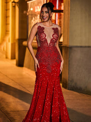 Elegant Rhinestone-Embellished Illusion Mermaid Evening Dress Burgundy