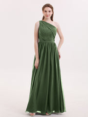 One Shoulder Chiffon Dress for Bridesmaids Olive Green