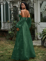 Beaded Flowers High Slit Prom Dress Dark Green Plus Size
