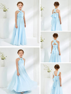 Halter Neckline Chiffon Junior Bridesmaid Dresses Sky Blue