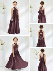 Halter Neckline Chiffon Junior Bridesmaid Dresses Cabernet