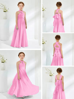 Halter Neckline Chiffon Junior Bridesmaid Dresses Candy Pink