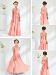 Halter Neckline Chiffon Junior Bridesmaid Dresses Coral