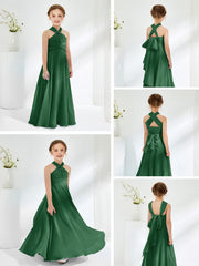 Halter Neckline Chiffon Junior Bridesmaid Dresses Dark Green