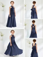 Halter Neckline Chiffon Junior Bridesmaid Dresses Dark Navy