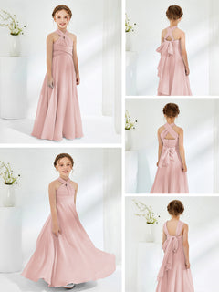 Halter Neckline Chiffon Junior Bridesmaid Dresses Dusty Rose