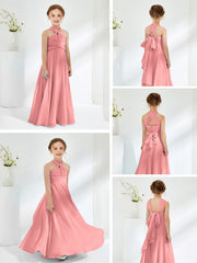 Halter Neckline Chiffon Junior Bridesmaid Dresses Flamingo